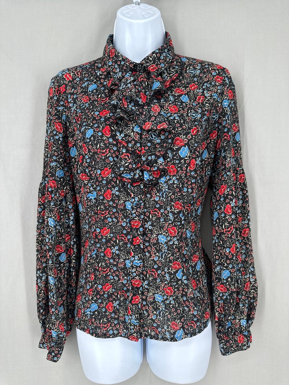 Free People Top XS Black Floral Ruffle Red Blue Boho Cottage Long Sleeve Button